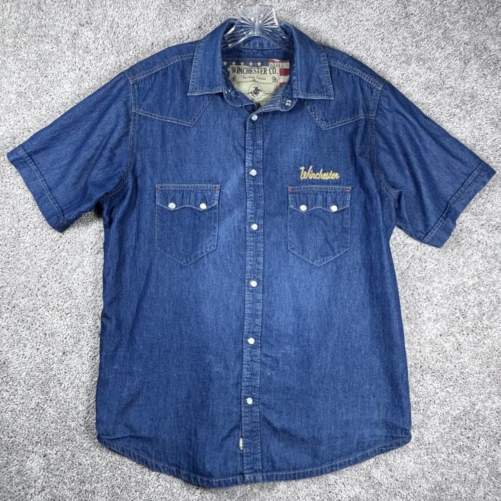 Winchester Co. Denim Western Shirt Mens Large Short Sleeve USA‎ American Flag